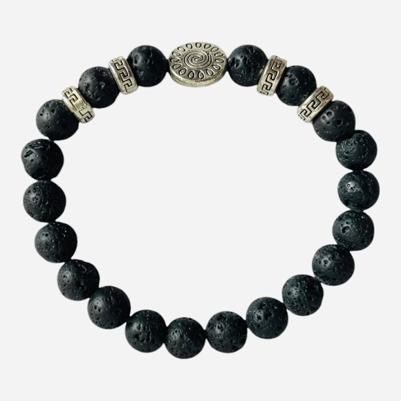 Lava Stone Bracelet Silver Accents Spiral Charm Adjustable Unisex Jewelry - Picture 3 of 3